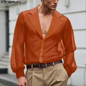 INCERUN Transparent Men Shirts Long Sleeve Spring Summer Thin Shirt Blouse Streetwear Oversize Men's Clothing S-5XL