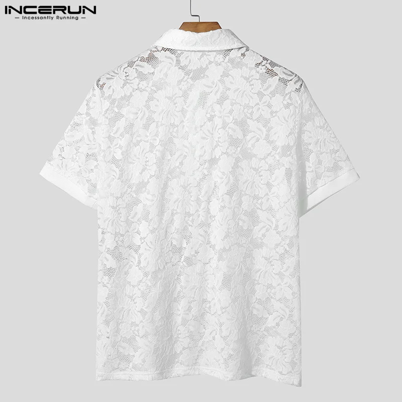 INCERUN Men Shirt Lace Transparent Mesh Lapel Short Sleeve Summer Men Clothing Streetwear 2025 Sexy Party Fashion Camisas S-5XL - Image 3