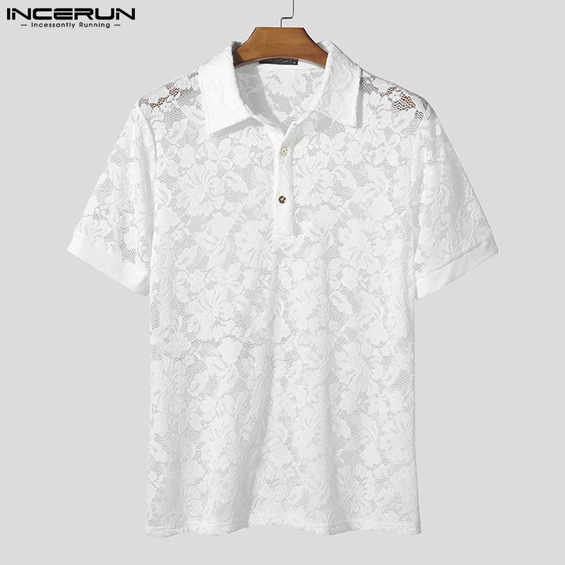 INCERUN Men Shirt Lace Transparent Mesh Lapel Short Sleeve Summer Men Clothing Streetwear 2025 Sexy Party Fashion Camisas S-5XL - Image 2