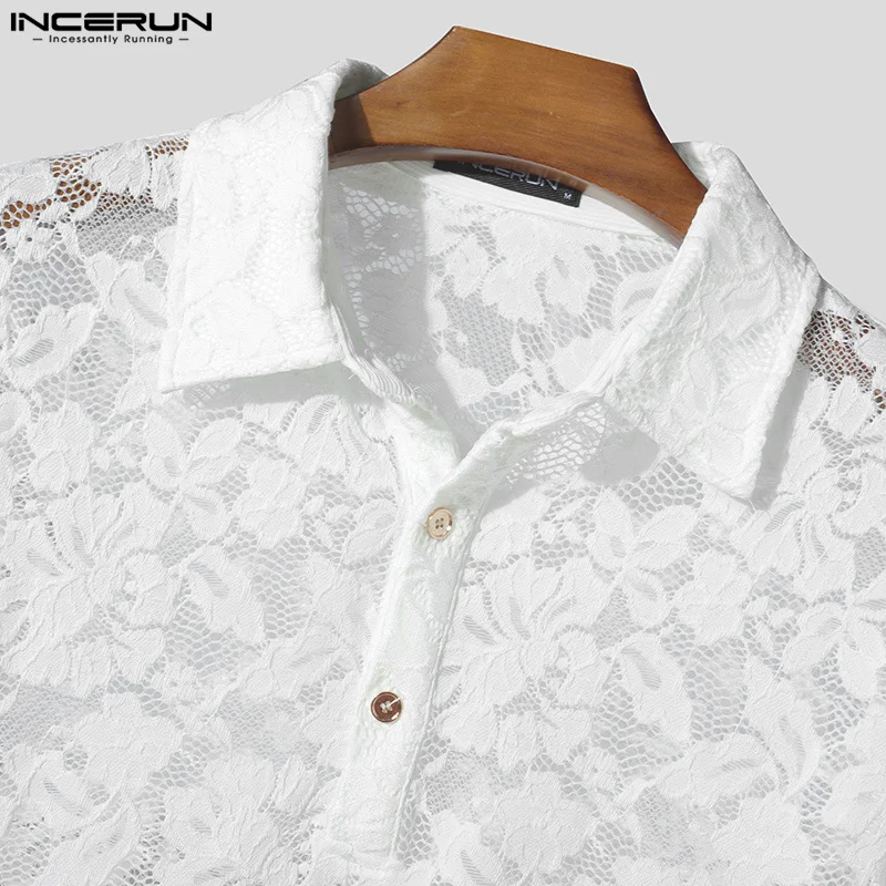 INCERUN Men Shirt Lace Transparent Mesh Lapel Short Sleeve Summer Men Clothing Streetwear 2025 Sexy Party Fashion Camisas S-5XL - Image 4