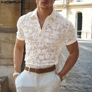 INCERUN Men Shirt Lace Transparent Mesh Lapel Short Sleeve Summer Men Clothing Streetwear 2025 Sexy Party Fashion Camisas S-5XL