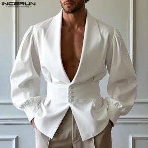 Summer Spring INCERUN Long Sleeve Tops Men Shirts Buttons Tee Solid Color Vintage Men's Clothing Oversized S-5XL