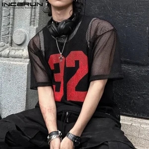 INCERUN Men T Shirt Mesh Transparent Printing O-neck Short Sleeve Sexy Men Clothing Streetwear Summer 2024 Fashion Male Tee Tops