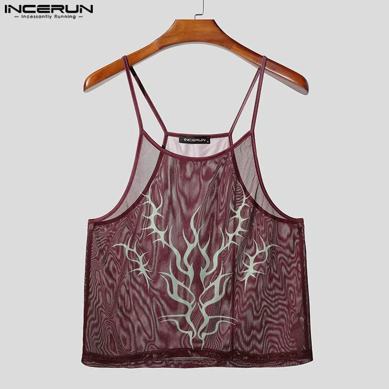INCERUN Men Tank Tops Printing O-neck Sleeveless Summer Mesh Male Vests See Through Streetwear Sexy Fashion Crop Tops Men S-5XL - Image 4