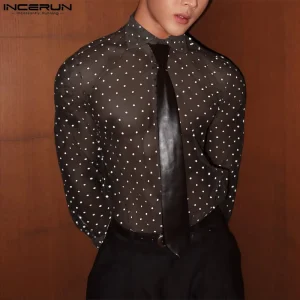 INCERUN Men Shirt Polka Dot Printing Lapel Long Sleeve Button Men Clothing Mesh See Through Loose Fashion Male Shirts Streetwear