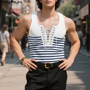 INCERUN Men Tank Tops Striped Lace Up O-neck Sleeveless Summer Male Vests Streetwear 2025 Breathable Fashion Casual Men Clothing