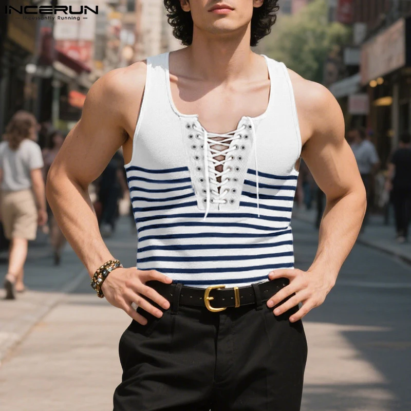 INCERUN Men Tank Tops Striped Lace Up O-neck Sleeveless Summer Male Vests Streetwear 2025 Breathable Fashion Casual Men Clothing