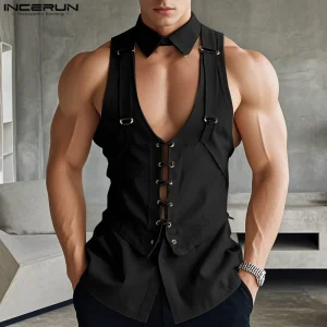 INCERUN Tops 2025 American Style Fashion Men Mesh Design Lapel Neck Vests Male Casual Streetwear Sexy Solid Sleeveless Tank Tops