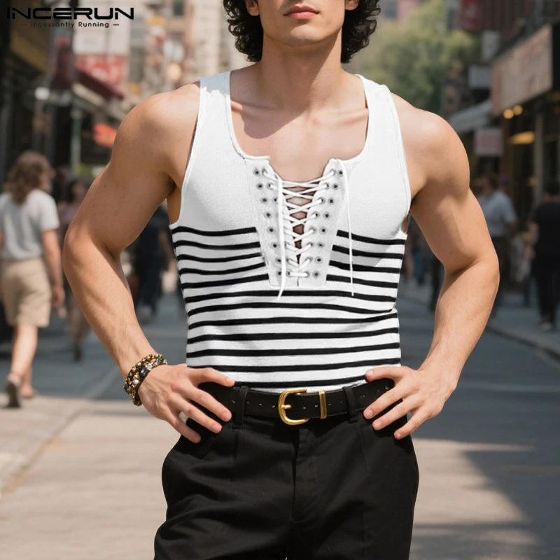 INCERUN Men Tank Tops Striped Lace Up O-neck Sleeveless Summer Male Vests Streetwear 2025 Breathable Fashion Casual Men Clothing - Image 3
