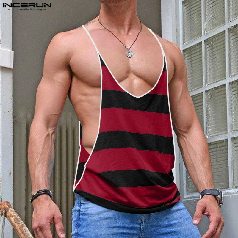 INCERUN Men Tank Tops Striped Sexy Sleeveless Summer Breathable Male Vests Streetwear 2025 Oversize Fashion Men Clothing Tops
