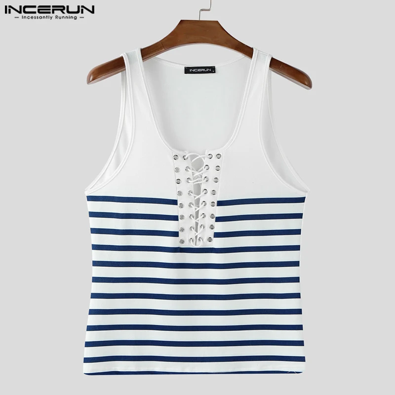 INCERUN Men Tank Tops Striped Lace Up O-neck Sleeveless Summer Male Vests Streetwear 2025 Breathable Fashion Casual Men Clothing - Image 5
