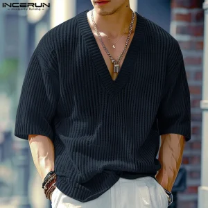 INCERUN Men V Neck Half Sleeve Solid Color Ribbed Knitted Shirts