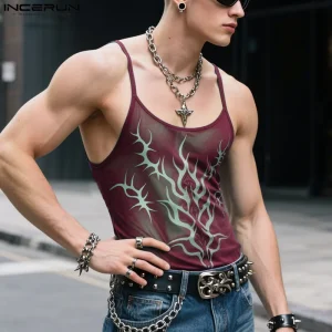 INCERUN Men Tank Tops Printing O-neck Sleeveless Summer Mesh Male Vests See Through Streetwear Sexy Fashion Crop Tops Men S-5XL