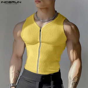 Sleeveless Tank Tops INCERUN Fashion Sexy Solid Color Zipper Men Tops Tee Tank V Neck Tops Men's Clothing Skinny Streetwear