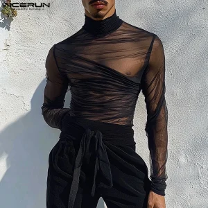 INCERUN Elegant Mesh Spilicing See Through T-Shirts Men High Collar Well Fitting Ruffles Design Camiseta Simple Long Sleeve Tops
