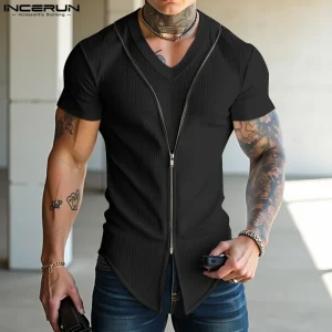 Short Sleeve Tops Tee Fashion Zipper Men T-Shirts Solid Color Irregular Tops INCERUN V Neck 2025 Party Streetwear Oversize Tee