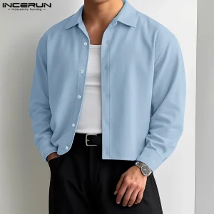 INCERUN Men Shirt Solid Color Lapel Long Sleeve Button Loose Crop Tops Men Streetwear 2025 Fashion Casual Men Clothing S-5XL