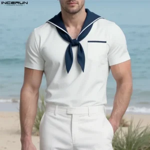 INCERUN Men T Shirt Patchwork Summer Navy Collar Short Sleeve Male Tee Tops Streetwear 2025 Pockets Fashion Casual Men Clothing