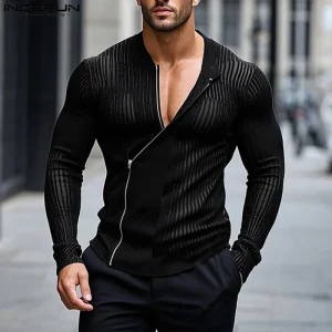 INCERUN Sexy Tops Tee Summer Spring Long Sleeve Transparent Men T-Shirts Striped Streetwear See-through Tops Streetwear