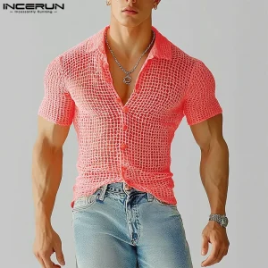 INCERUN Men Shirt Hollow Out Mesh See Through Lapel Short Sleeve Sexy Summer Male Shirts Streetwear 2025 Fashion Unisex Tops